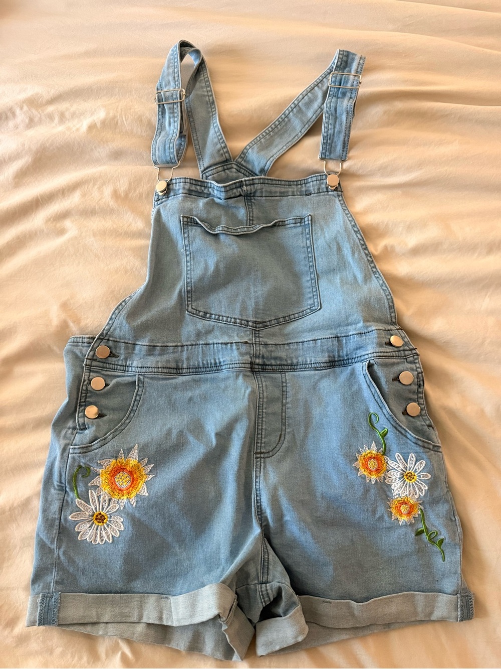 Light Blue Denim Floral Embroidered Short Overalls